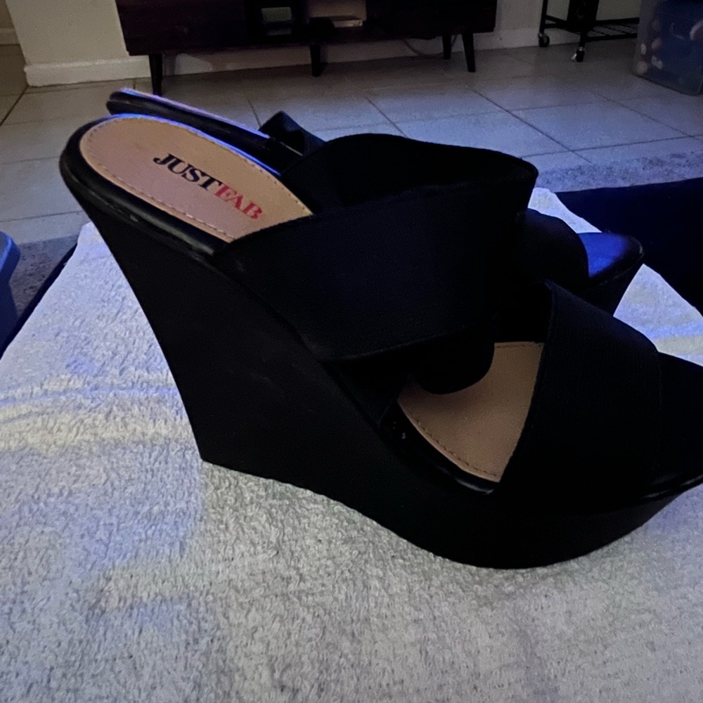 JustFab Black Wedge Slip On Heels